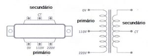 Esquema de um transformador com 3 fios no primário