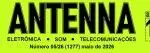 Logo banner reading 'ANTENNA' with a stylized antenna graphic on the left and small descriptors in Portuguese: Eletrônica, Som, Telecomunicações (channel or brand tag)