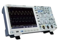 Oscilloscope showing a waveform on its screen with front control knobs and buttons visible.