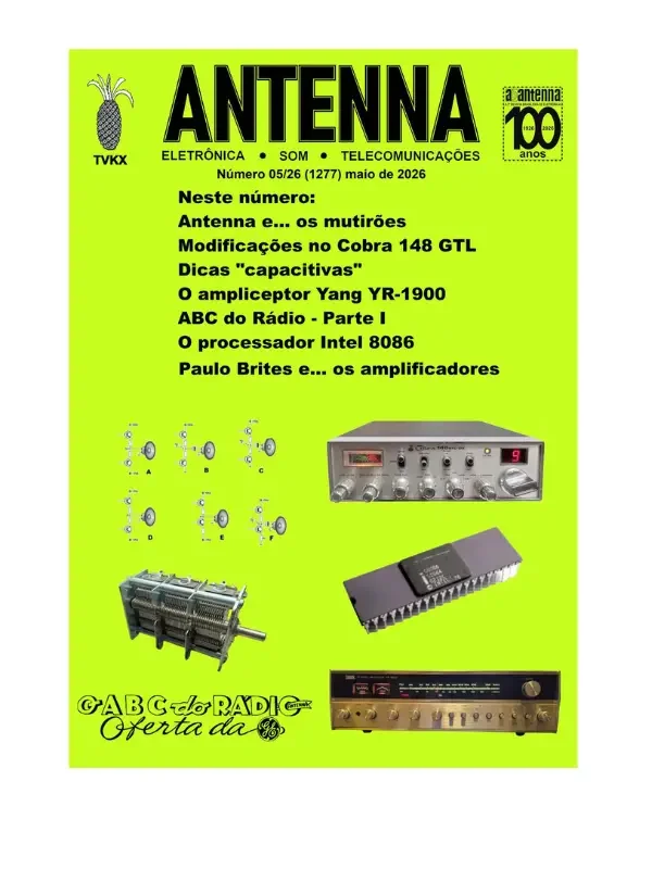 Neon lime green Antenna magazine cover featuring vintage radio gear and a Portuguese contents list.