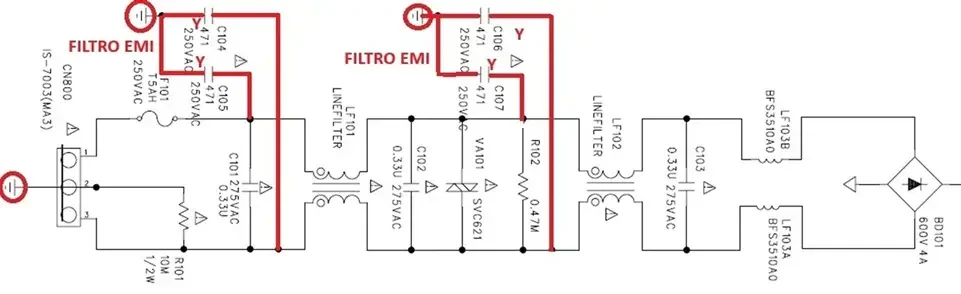 Fig. 3 - Circuito de Entrada de uma fonte SMPS com tomada de três pinos